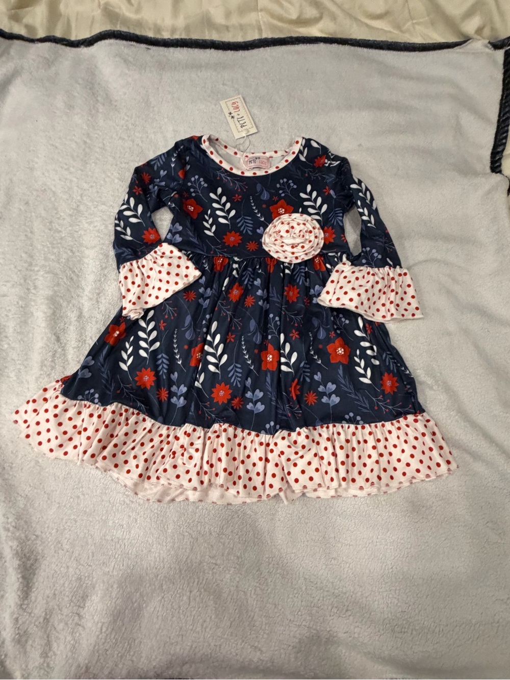 Navy Floral Girls' Dress with Red Accents and Polka-Dot Trim
